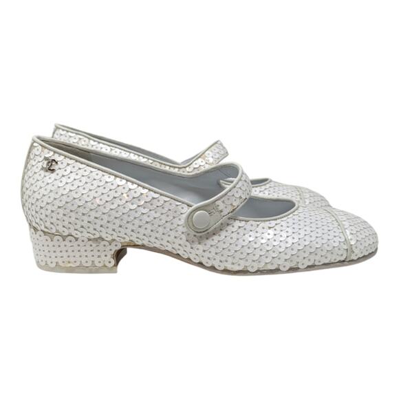 19C Chanel Mary Jane flats ballet pumps interlocking CC logo white sequin 37 - Picture 6 of 16